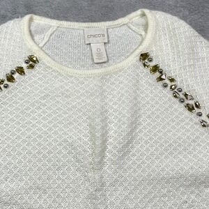 Chico's‎ Tunic Sweater Ivory Embellished Lace Trim Knit Top Women's Size 0
